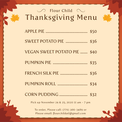 Flour Child — Thanksgiving Menu — Flour Child Bakery